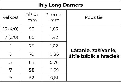 Ihly Long Darners tabuľka veľkostí