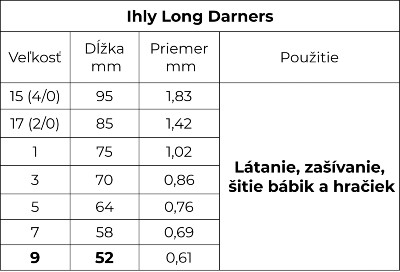 Ihly Long Darners tabuľka veľkostí